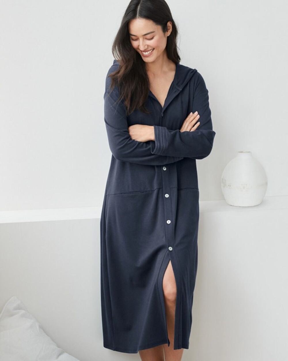 EILEEN FISHER WOMEN'S Organic-Pima Cotton Stitched-Trim Robe XS